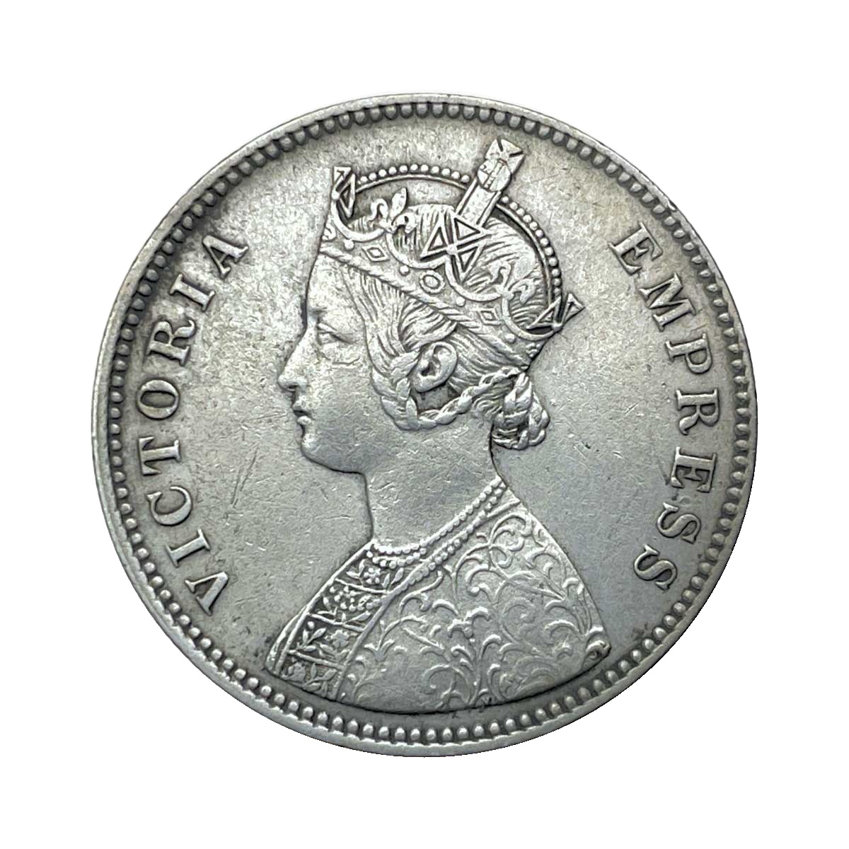 Rare One Rupee Mangal Singh INO Victoria Empress, 1882 CE Silver Coin, Princely State of Alwar Coinage, XF. (Maharao Rajah Sawai Mangal Singh Bahadur). thumbnail 2