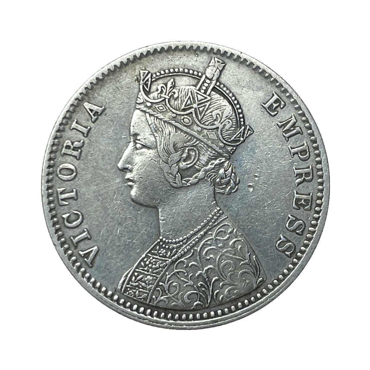 Rare One Rupee Mangal Singh INO Victoria Empress, 1891 CE (Key date) Silver Coin, Princely State of Alwar Coinage, Collectible. (Maharaja Shri Sawai Mangal Singh bahadur) thumbnail 2