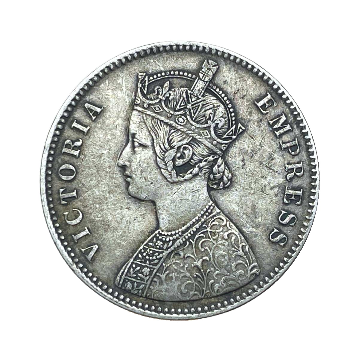 Rare One Rupee Mangal Singh INO Victoria Empress 1882 CE Silver Coin, Princely State of Alwar Coinage, XF. (Maharao Rajah Sawai Mangal Singh Bahadur). thumbnail 2