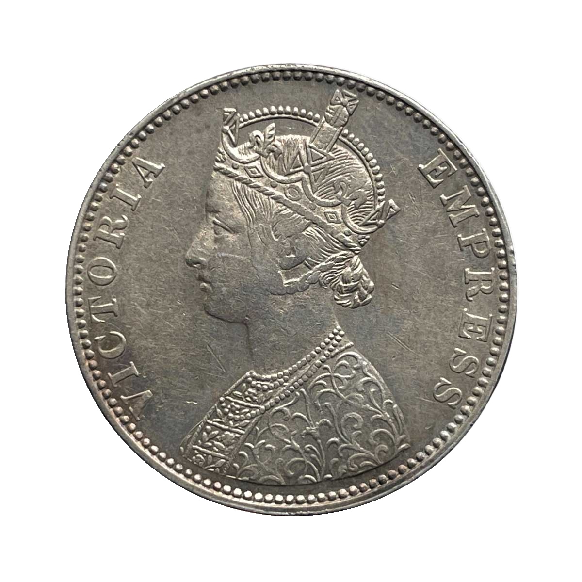 Scarce One Rupee Ganga Singh Bahadur in the name of Victoria Empress 1892 CE Silver coin, Princely State of Bikanir (Bikaner), AUNC. thumbnail 2