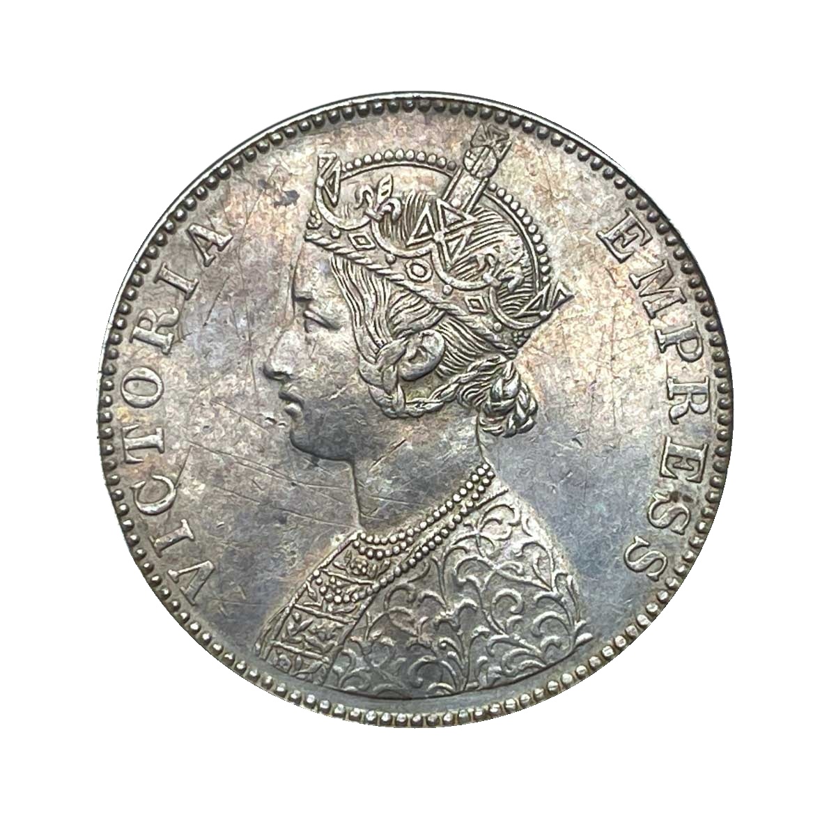 Scarce One Rupee Ganga Singh Bahadur in the name of Victoria Empress 1892 CE Silver coin, Princely State of Bikanir (Bikaner), XF+. thumbnail 2