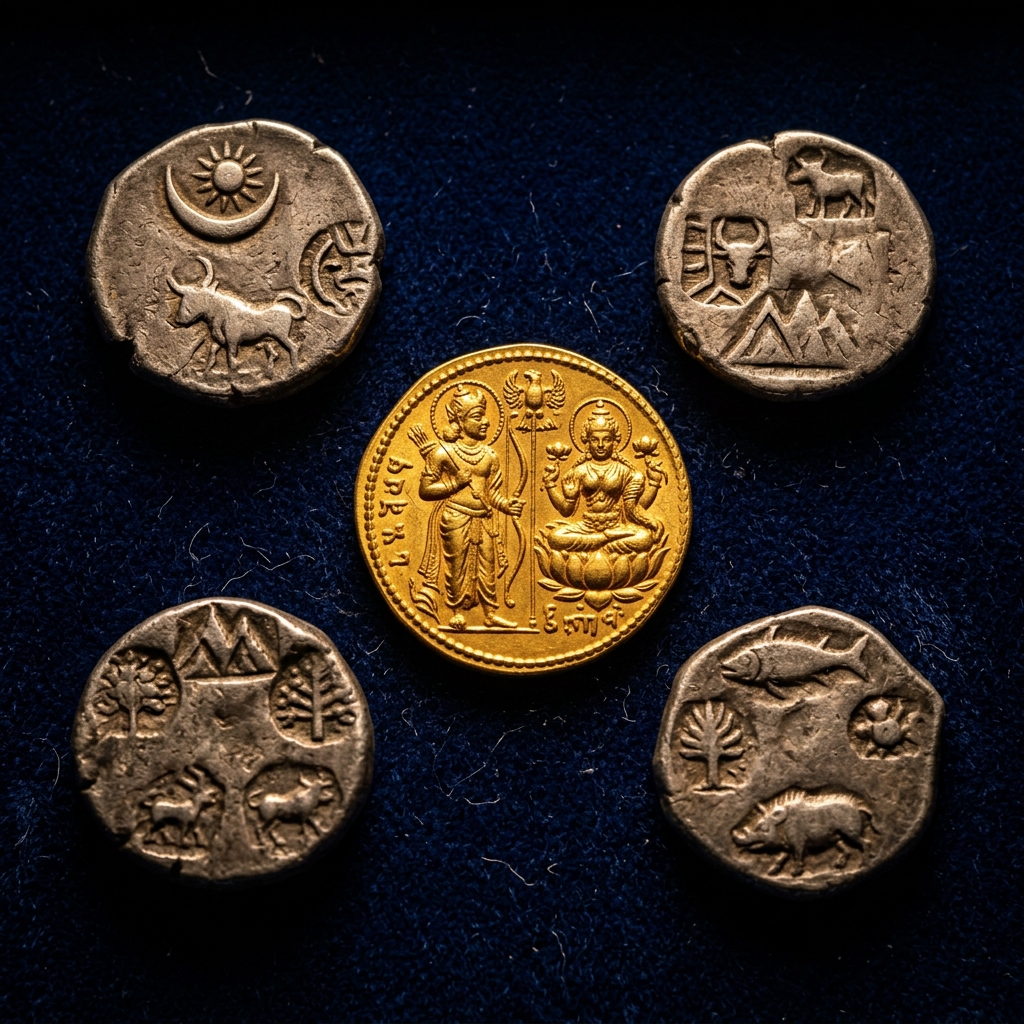Ancient Indian punch-marked silver coins and a classical Gupta Dinar