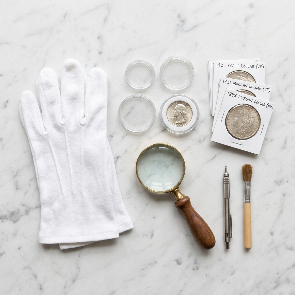 A top-down aesthetic flatlay of coin conservation tools