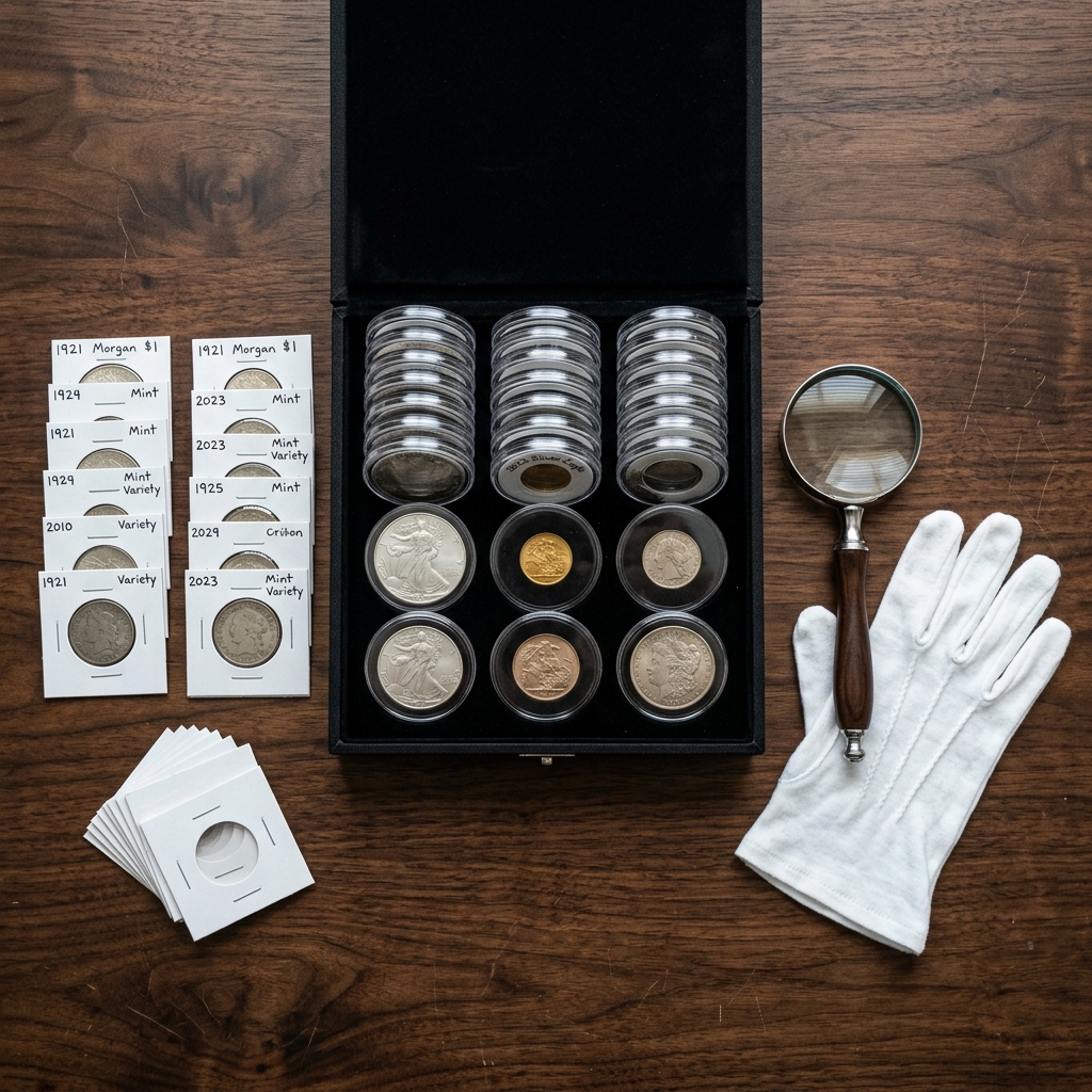 Archival coin flips, album tray, and humidity-controlled storage setup for ancient coins