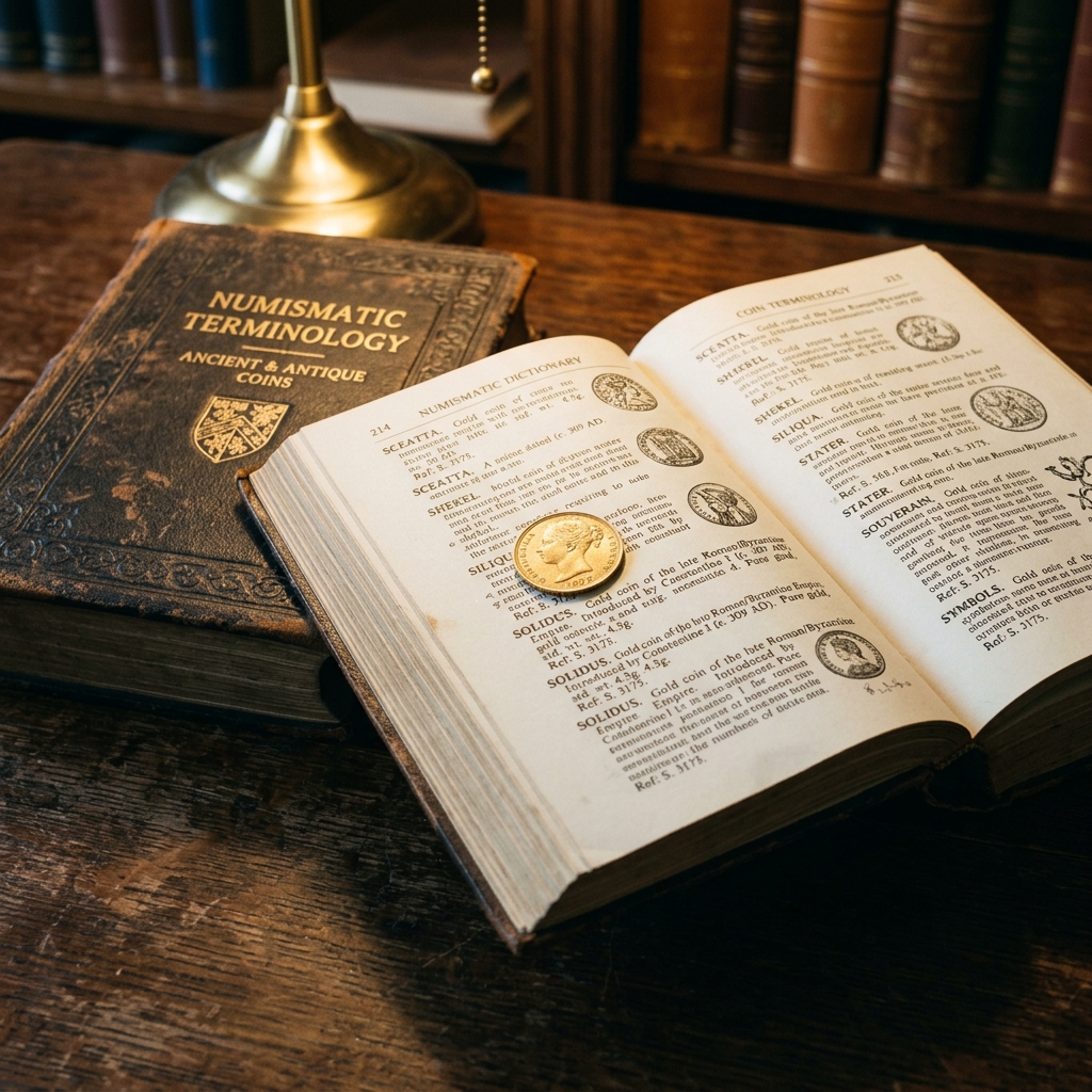 Premium close-up of a beautiful antique coin terminology dictionary book with gold coin