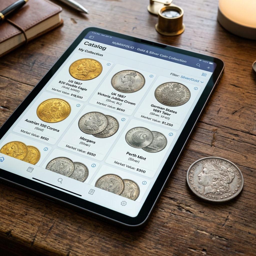 Gullaq coin catalog visual on a digital tablet with antique coins