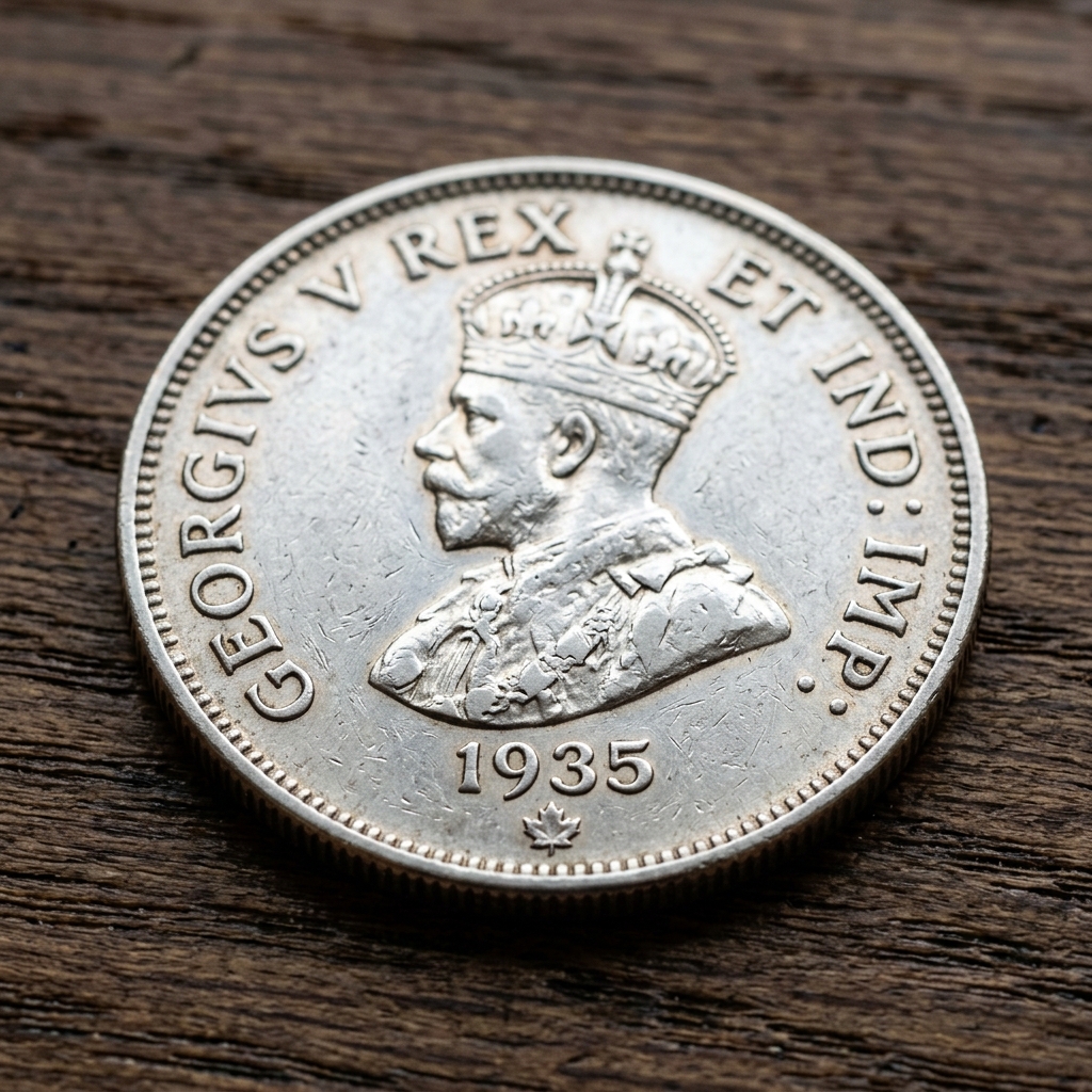 A silver coin stamped with a small maple leaf symbol under the date representing a foreign strike