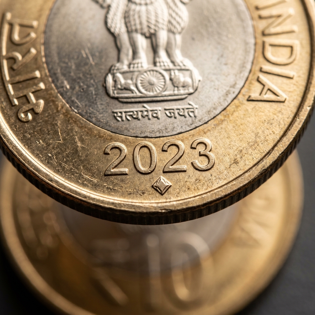 Macro close-up shot of the date and mint mark area of an Indian coin