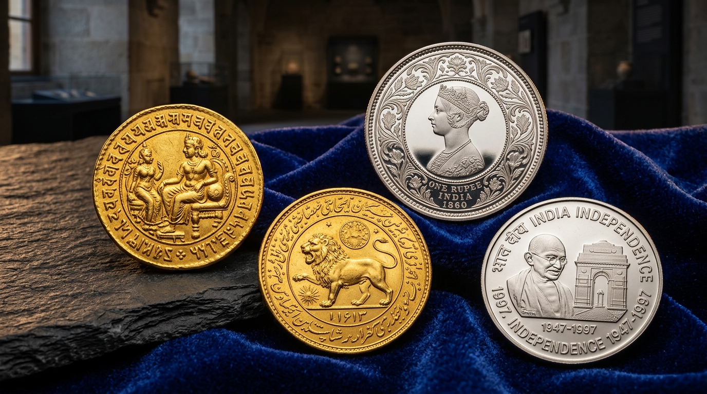 The Most Valuable Indian Coins: ancient gold dinars, Mughal zodiac mohurs, British India pattern rupees, and rare Republic errors