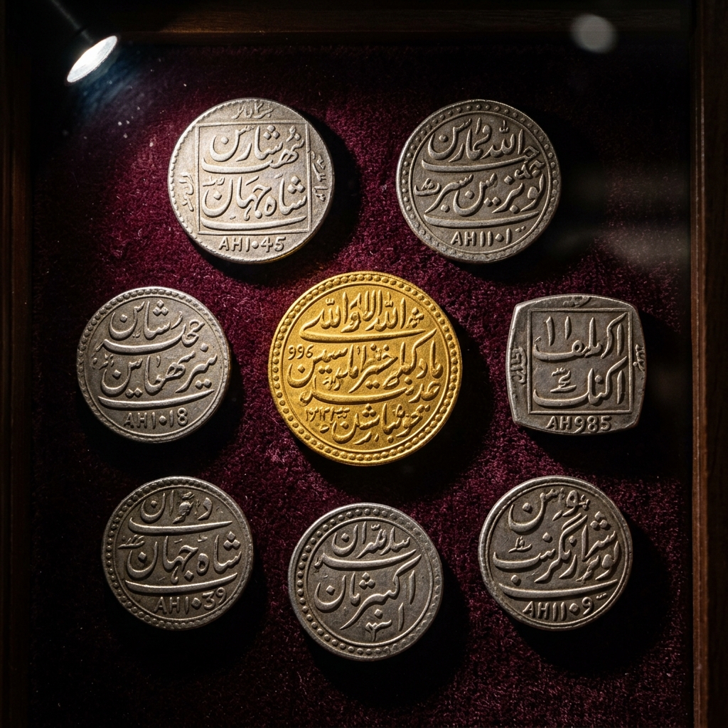 Silver Mughal Rupee coin featuring elegant Persian script inscriptions