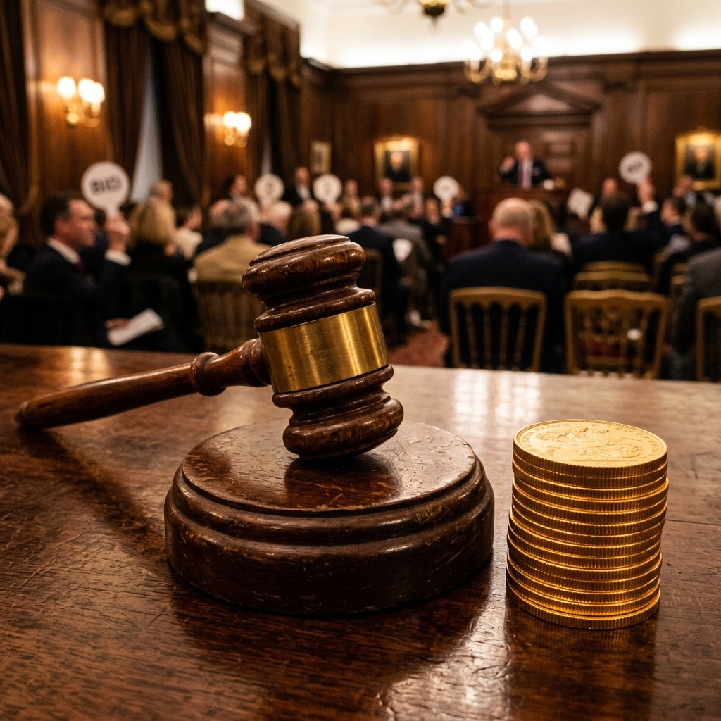 A professional auction gavel resting on a block with gold sovereign coins